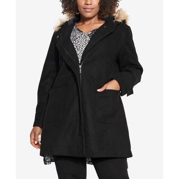 Evans Coat Jacket Womens 22 Black Faux Fur Hooded Voyage Full Zip Outerwear NWT - Picture 1 of 10